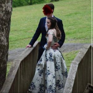 two piece blue, gold, silver & creme prom dress